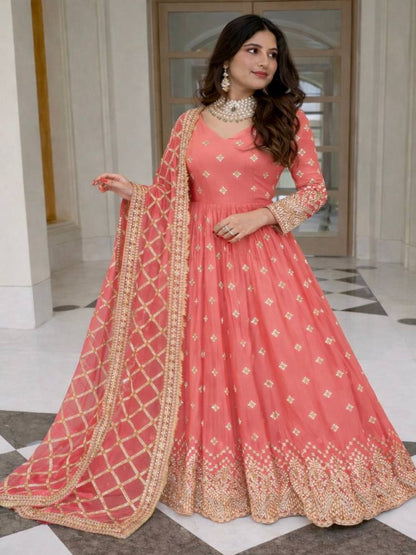 RE Heavy Fox Georgette Sequence Embroidery Gown Set with Butter Silk Pants & Zalar Dupatta