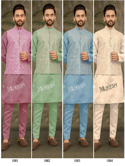 ES Heavy Banglori Silk Kurta-Pant-Koti Set  for a premium look