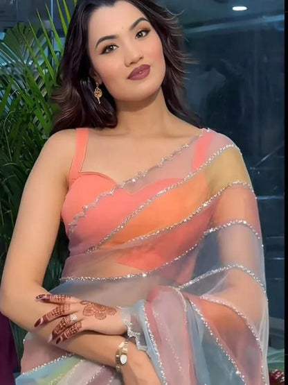 YNF Luxurious Soft Tabby Silk Saree with Zarkhan Stone Work & Contrast Satin Blouse