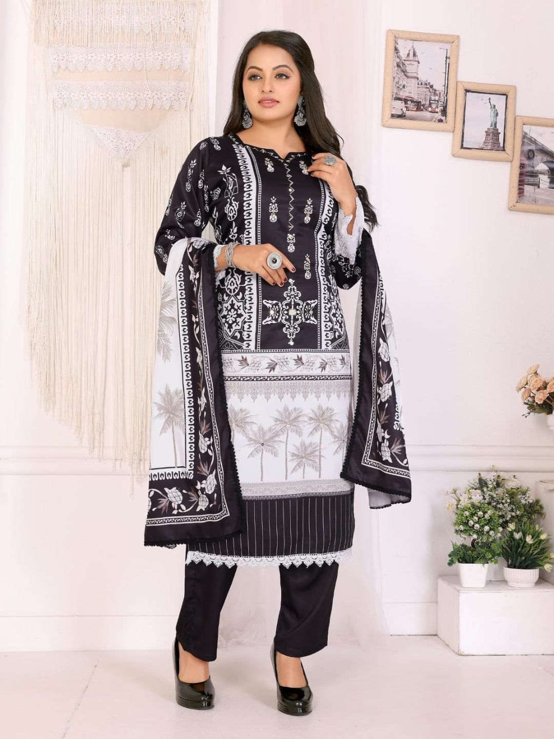ICF Women's Silk Blend Black & White Printed & Embroidered Kurti with Pant & Dupatta Set