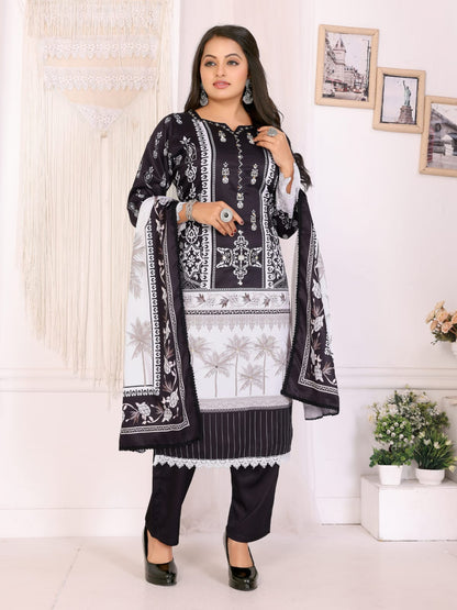 ICF Women's Silk Blend Black & White Printed & Embroidered Kurti with Pant & Dupatta Set