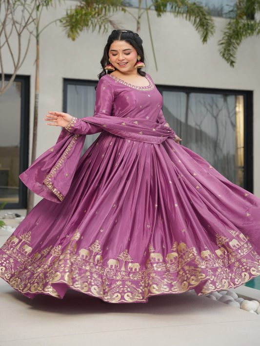 ES Designer Gown Chinnon Fabric With Embroidery, Zari & Sequin Work