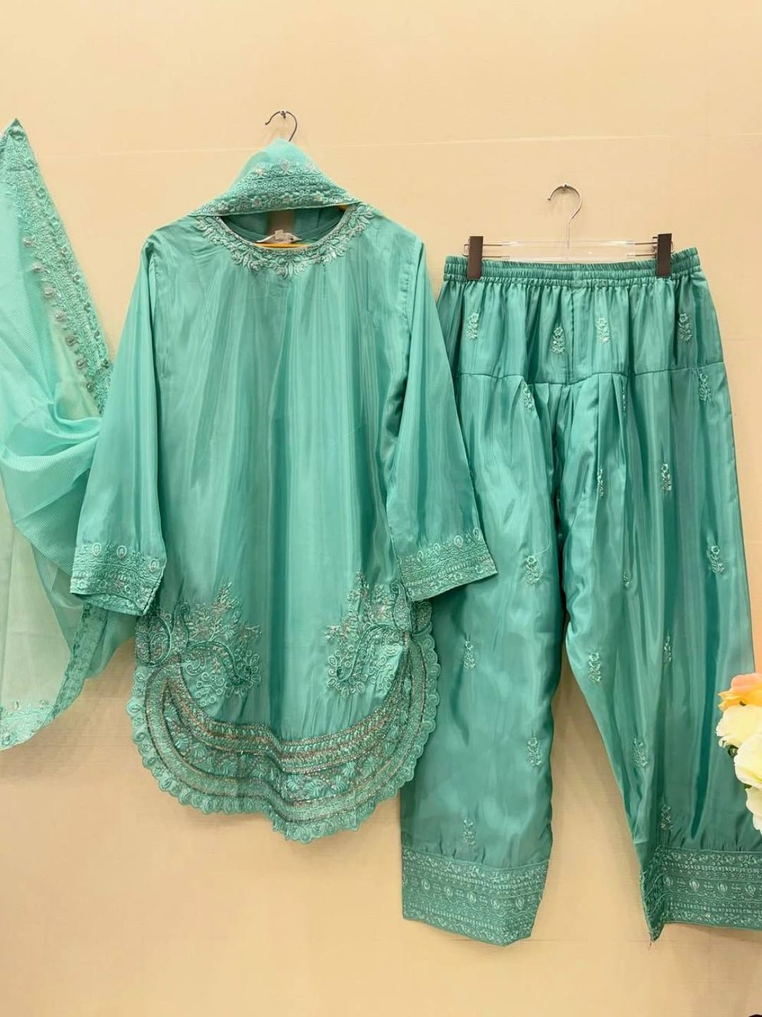 RE Natural Crepe Farshi Palazzo Suit with 3mm Sequence & Cutwork