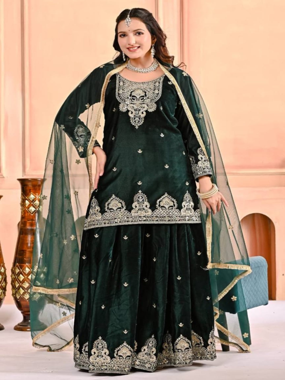 RE Pure Heavy Viscous Velvet Embroidered Sharara Palazzo Suit Set with Butterfly Net Dupatta (Sizes M-XXL)