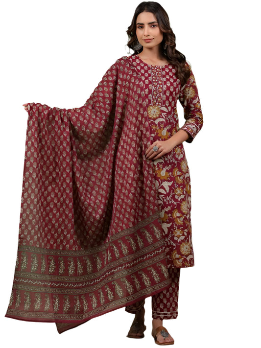 ICF Women Maroon Floral Cotton Kurti Set with Pant & Dupatta