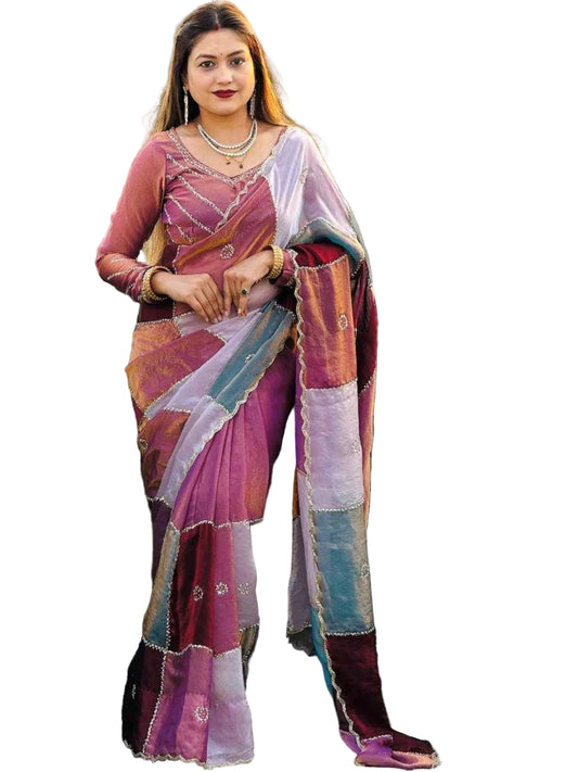 Women's Soft Space Silk Multi-Print Saree with Katdana Handwork Border and Heavy Work Blouse-RE
