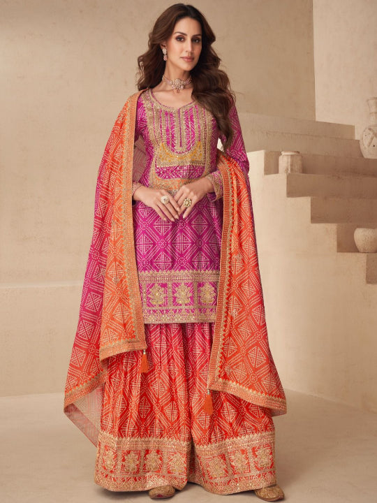 ES New Free-Size Stitched Catalog – Elegant Chinnon Silk Top, Plazzo & Dupatta