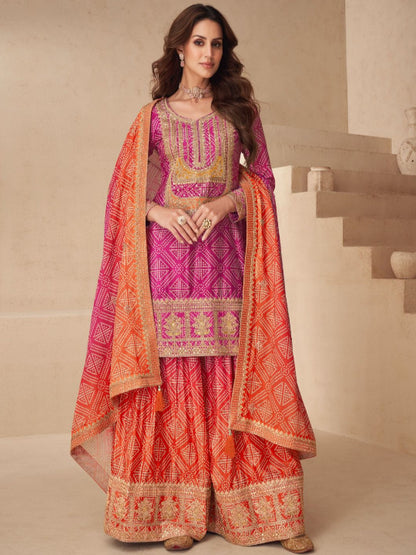 ES New Free-Size Stitched Catalog – Elegant Chinnon Silk Top, Plazzo & Dupatta