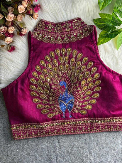 YNF Ready-to-Wear Padded Blouse Italian Silk Halter Neck with Heavy Hand Embroidery