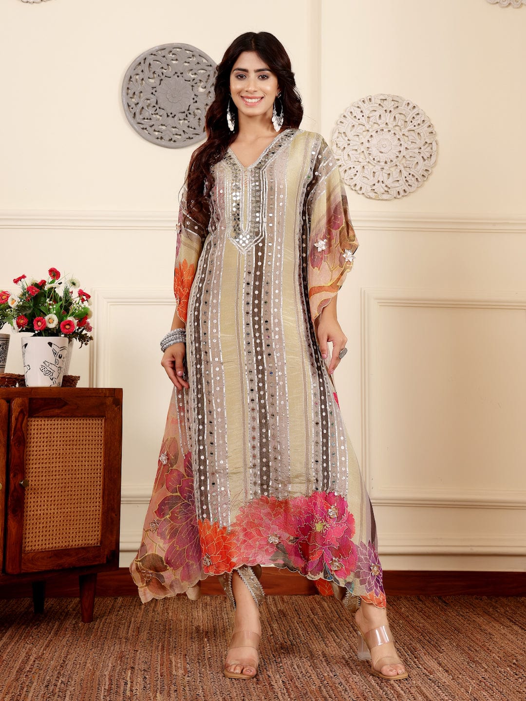KF Colored Pure Silk Gotta And Mirror Embellished Kaftan With Tulip Pants