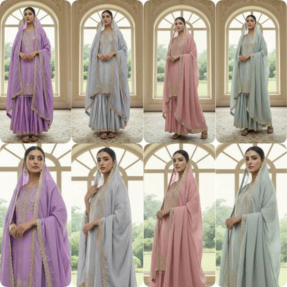 RE Designer Pure Chinon Silk Top-Plazzo Set with 5mm Sequence & Moti Work