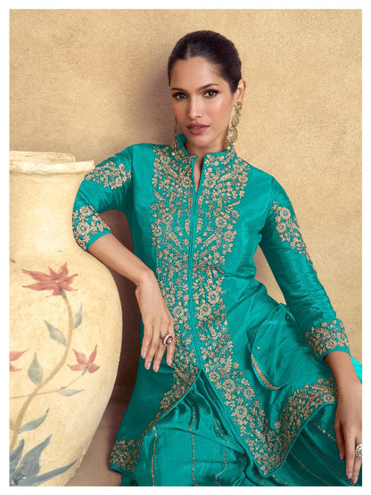 ES Top and Plazzo in Premium Chinon Silk (Free Size Stitch) & Dupatta in Premium Net
