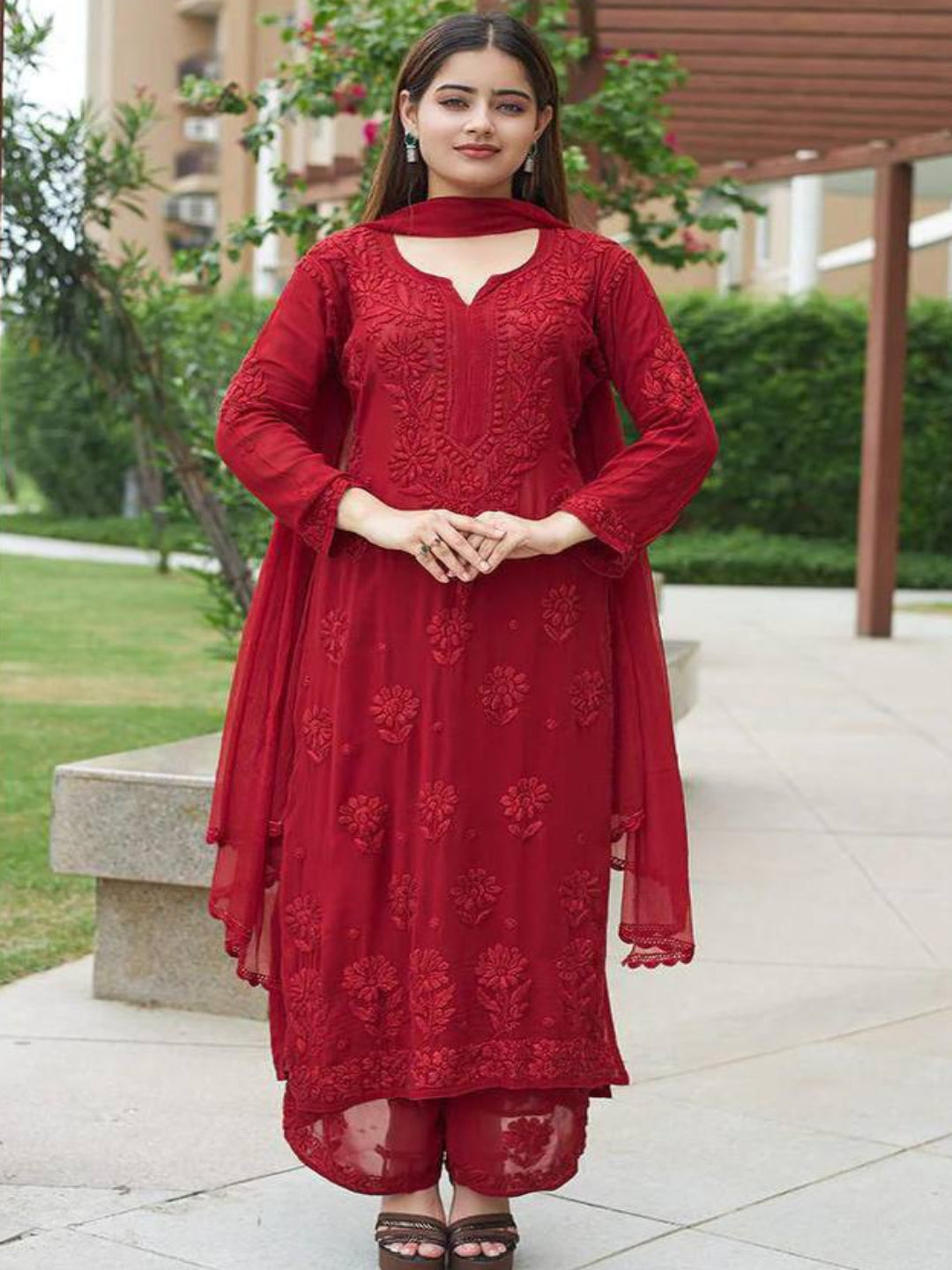 RE Designer Embroidered Georgette Kurti Palazzo Set with Lace Dupatta