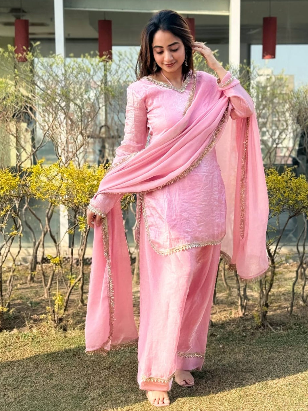 RE Premium Fendi Satin Designer Farsi Salwar Set with Real Mirror & Pearl Work