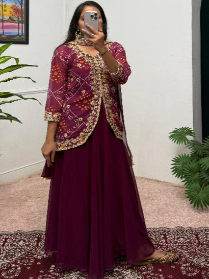 ES Women Faux Georgette Bandhani Koti-Lehenga 3 piece suit set