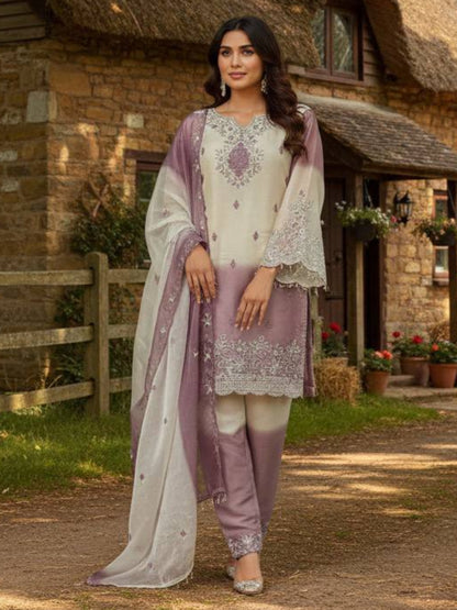 RE Pakistani Pure GMY Silk Digital Printed Suit Set with Embroidery & Cut-Work Sleeves (Sizes M-XXL)