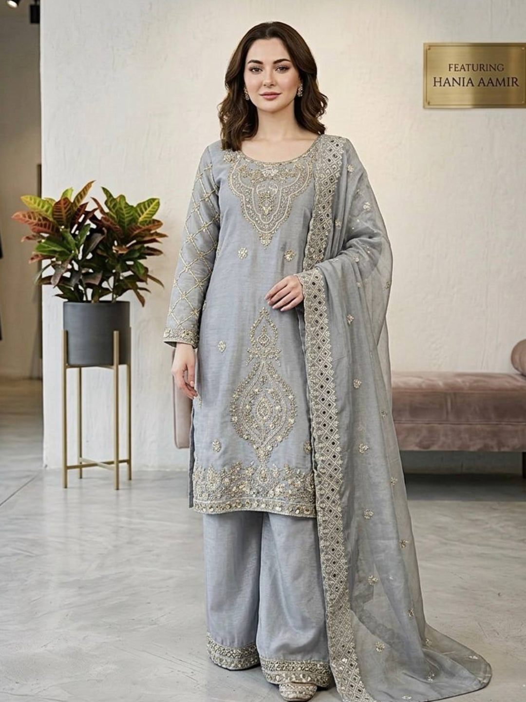 Women’s Jimmy Choo Silk Embroidered Top and Sharara Set with Sequence Cutwork Dupatta - RE