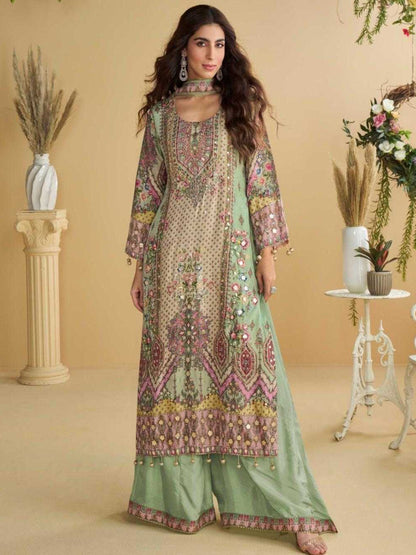 YNF Crepe Silk Suit Set | Printed Top Palazzo | Hand Aari Gota Patti Work