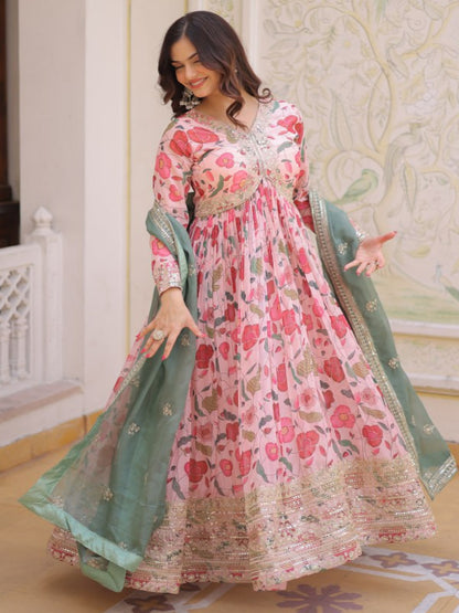 RE Designer Alia Cut Russian Silk Gown with Digital Print & Sequins Work