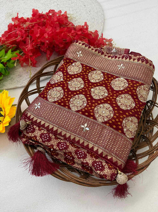 YNF Elegant Rani & Maroon Pure Georgette Khadi Silk Blend with Ghadchola Frill