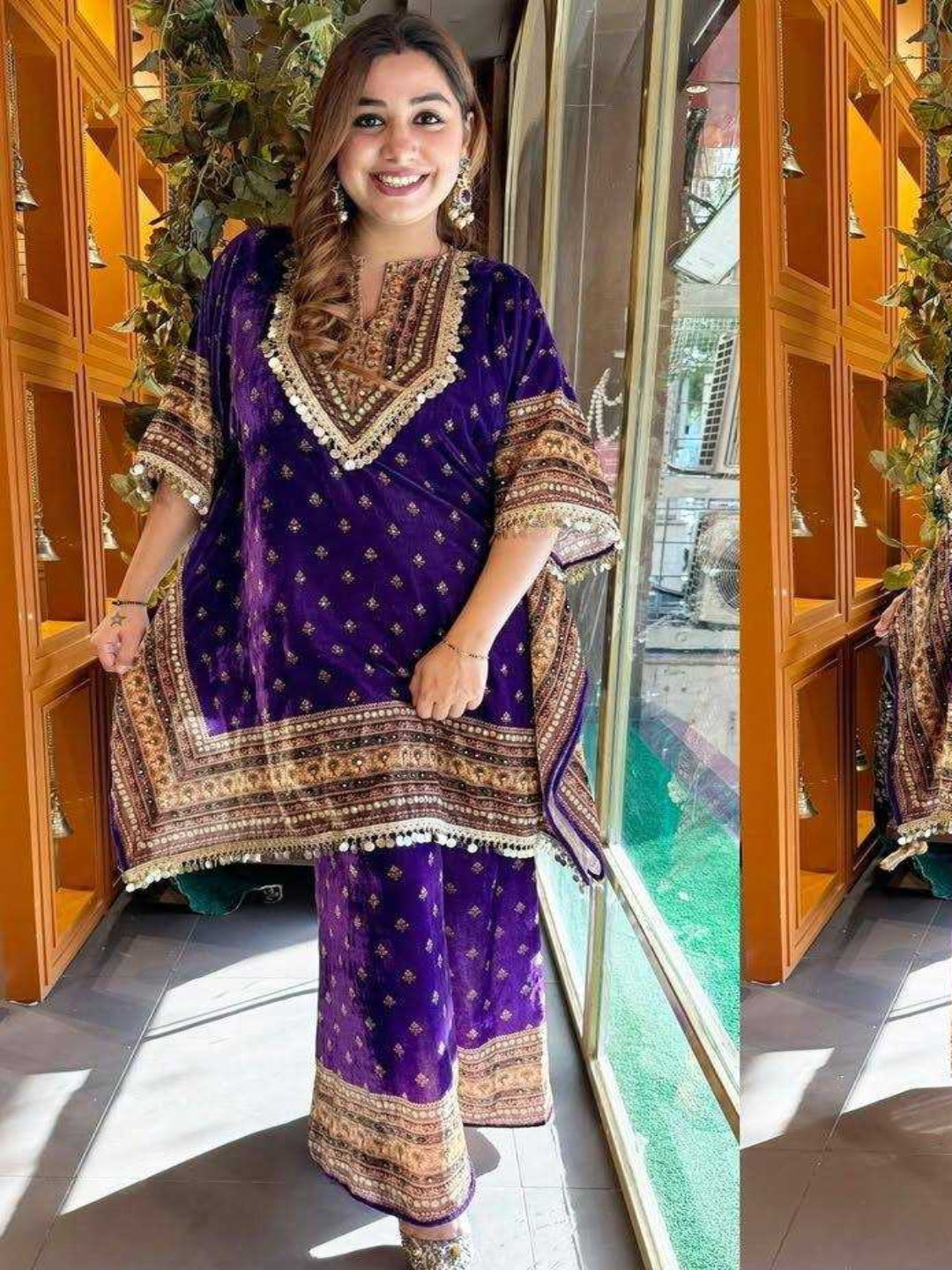 YNF Elegant Kaftan Dress Set (Navy/Yellow) | Viscose Velvet Fabric