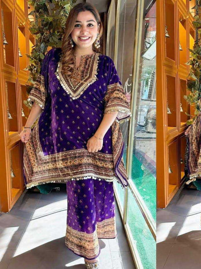 YNF Elegant Kaftan Dress Set (Navy/Yellow) | Viscose Velvet Fabric