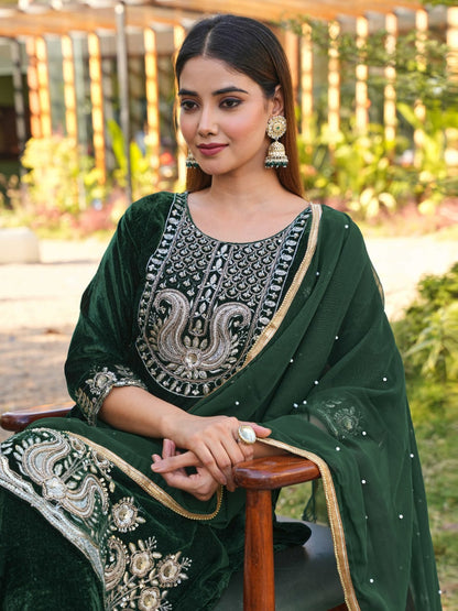 RE Designer 9000 Velvet Embroidered Suit Set with Sequin Work & Pearl Lace Dupatta (M-XXL)