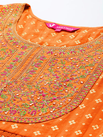 KF Mirror and Thread Embroidered, Zari Embellished Anarkali Kurta With Printed Bottom and Embroidered Dupatta