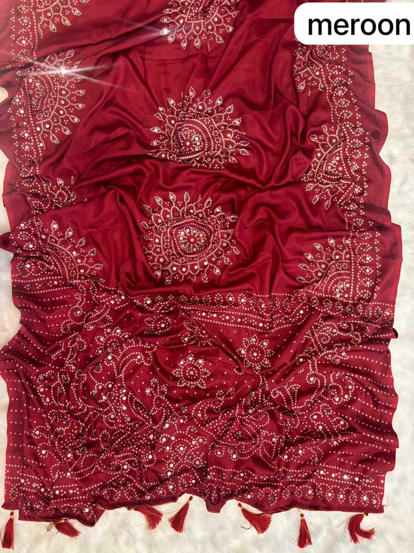 YNF Ajrakh Print Soft Satin Crepe Silk Saree with Real Mirror Work