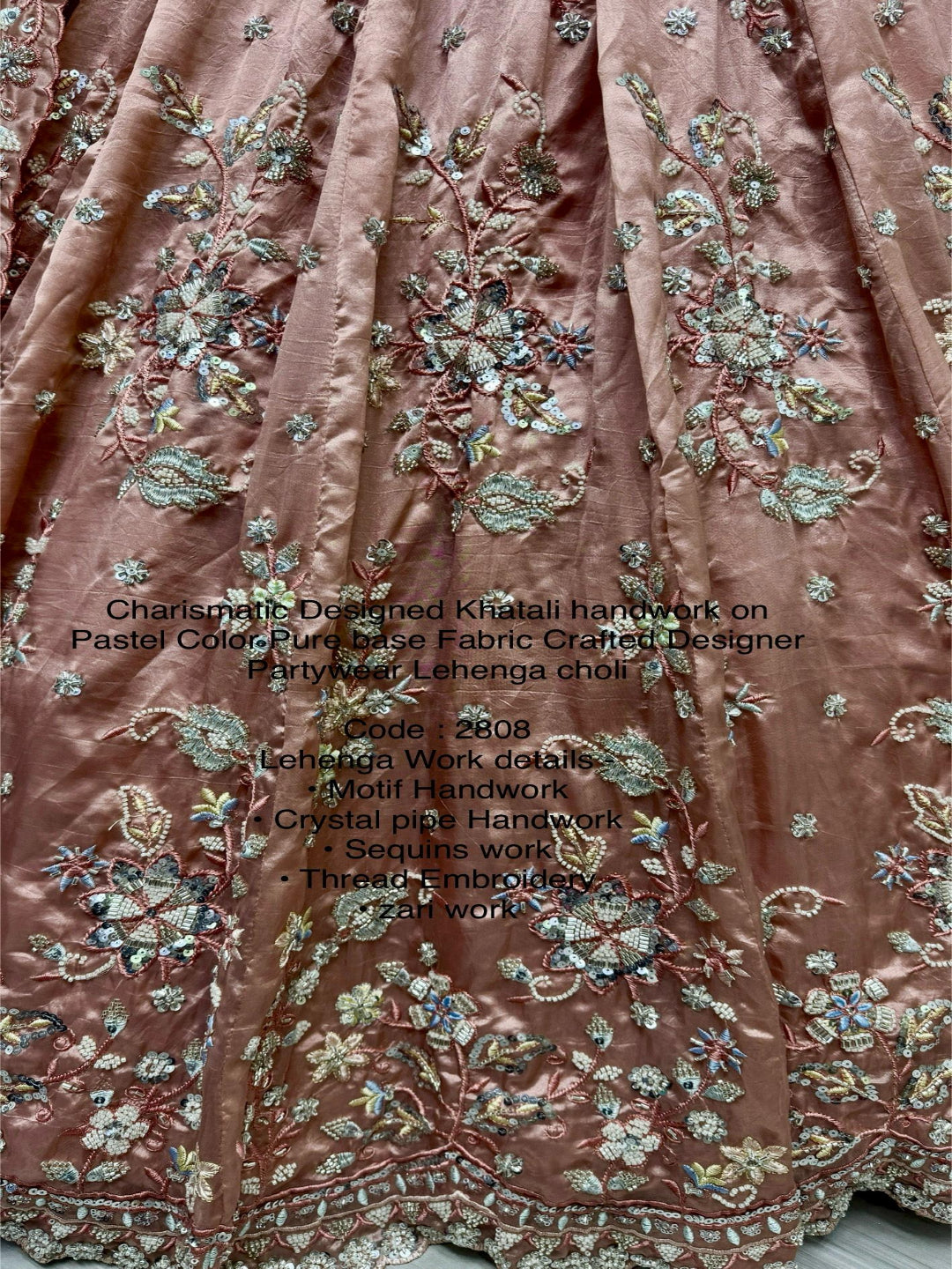 ES Gold Crush Pure Fabric Lehenga with Motif & Crystal Pipe Handwork