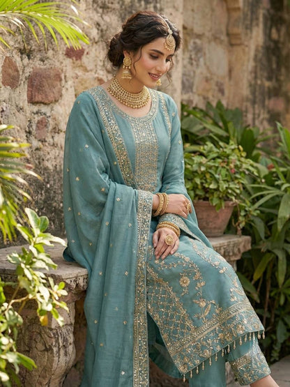 RE Pure GMY Silk Embroidered Suit Set with Sequence Work Palazzo and Dupatta (Sizes M-XXL)