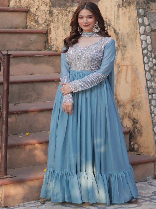 ES Star Georgette Gown with Embroidery Beads Sequins-work