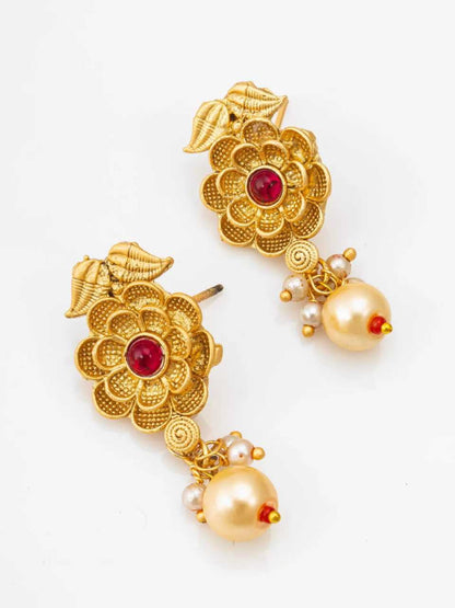 YNF Elegant Brass Gold Necklace and Earrings Set with Lustrous Pearls (Long Set) 2