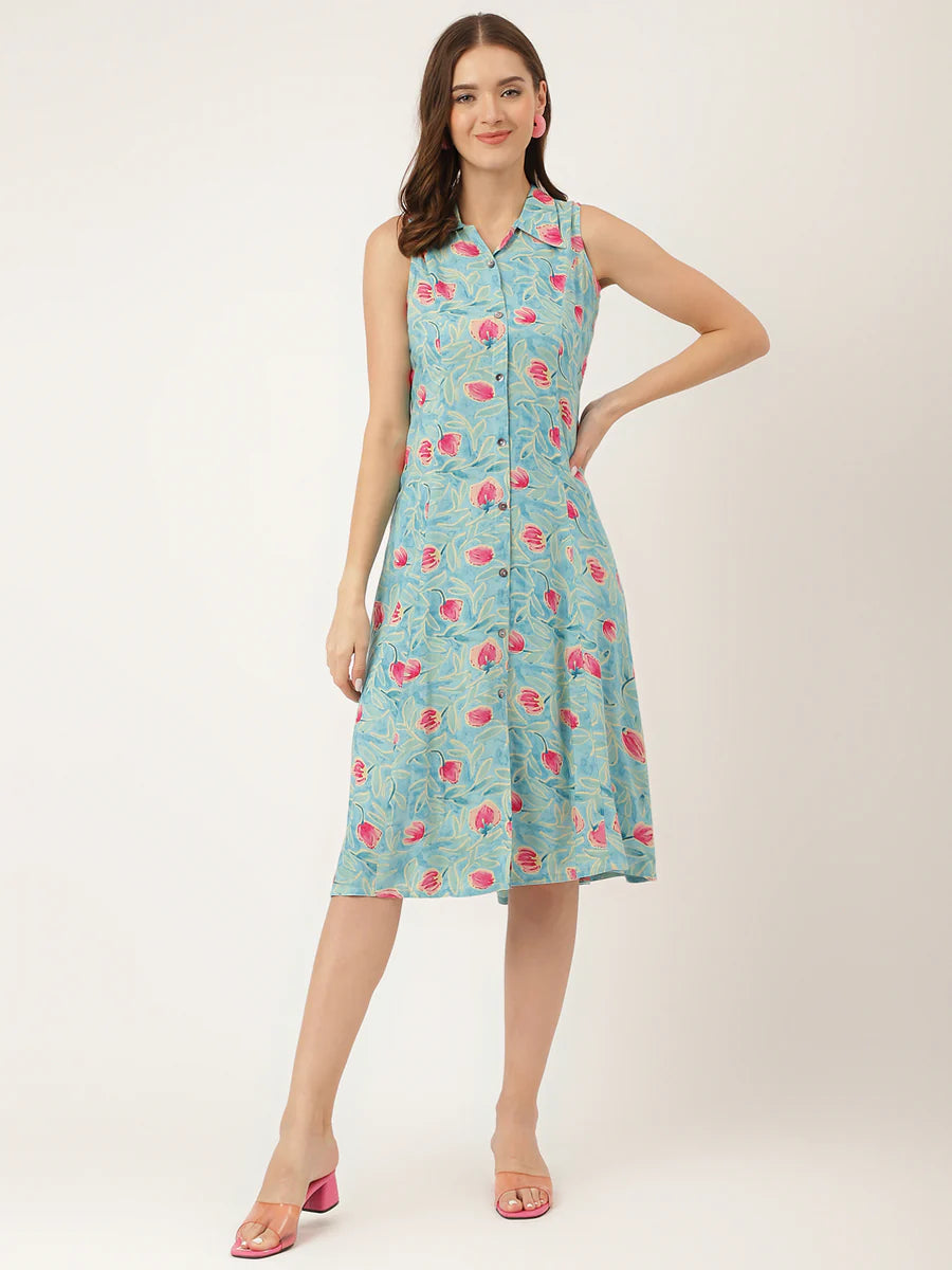 Divena Floral Print Rayon A-Line Midi Dress with attached Sleeves