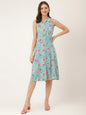 Divena Floral Print Rayon A-Line Midi Dress with attached Sleeves