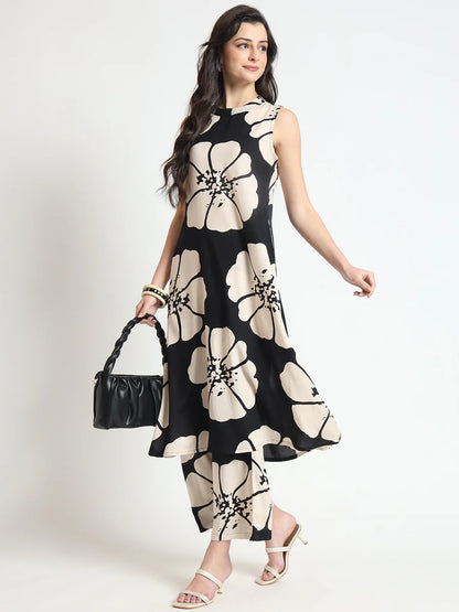 Divena Black Beautiful Floral Print Rayon Sleeveless straight-cut kurta with Pant for
