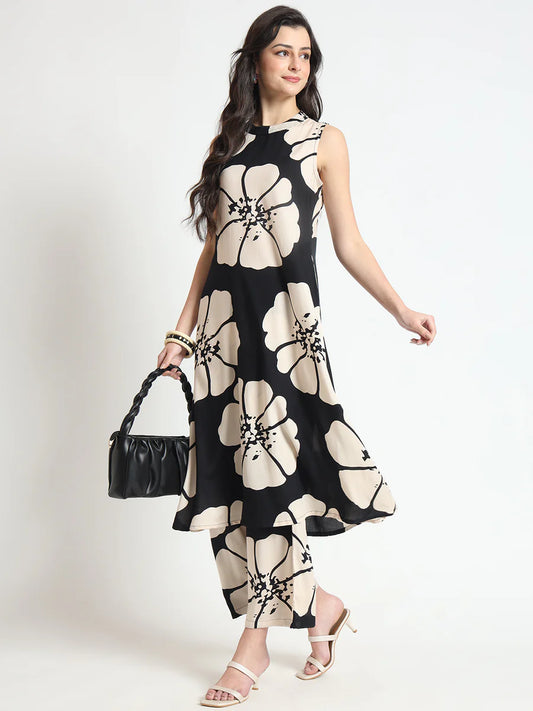 Divena Black Beautiful Floral Print Rayon Sleeveless straight-cut kurta with Pant for