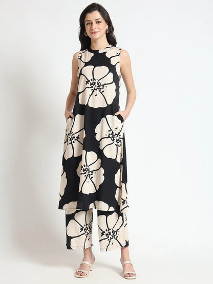 Divena Black Beautiful Floral Print Rayon Sleeveless straight-cut kurta with Pant for