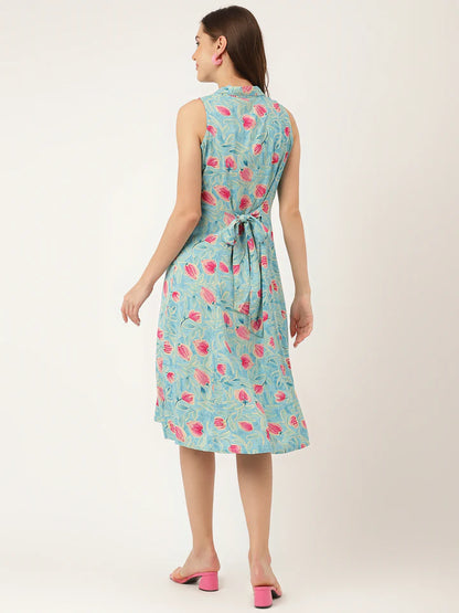 Divena Floral Print Rayon A-Line Midi Dress with attached Sleeves