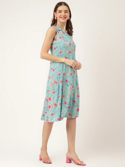 Divena Floral Print Rayon A-Line Midi Dress with attached Sleeves