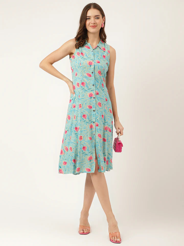 Divena Floral Print Rayon A-Line Midi Dress with attached Sleeves