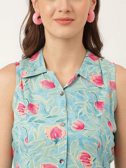 Divena Floral Print Rayon A-Line Midi Dress with attached Sleeves