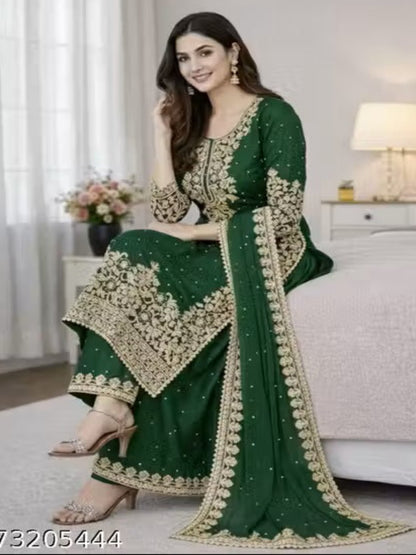 ER Designer GMY Silk 3-Piece Suit Set with Heavy Embroidery & Moti Work