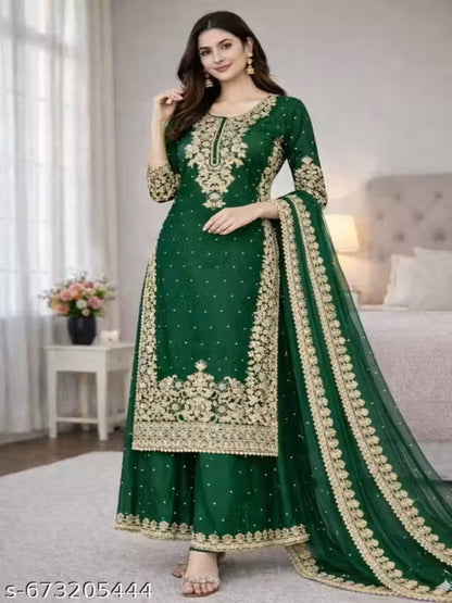 ER Designer GMY Silk 3-Piece Suit Set with Heavy Embroidery & Moti Work