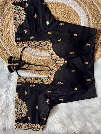 ES Designer V-Neck Vichitra Silk Blouse – Intricate Zari & Sequence Embroidery