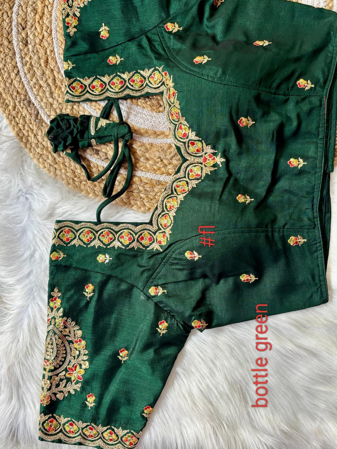 ES Designer V-Neck Vichitra Silk Blouse – Intricate Zari & Sequence Embroidery