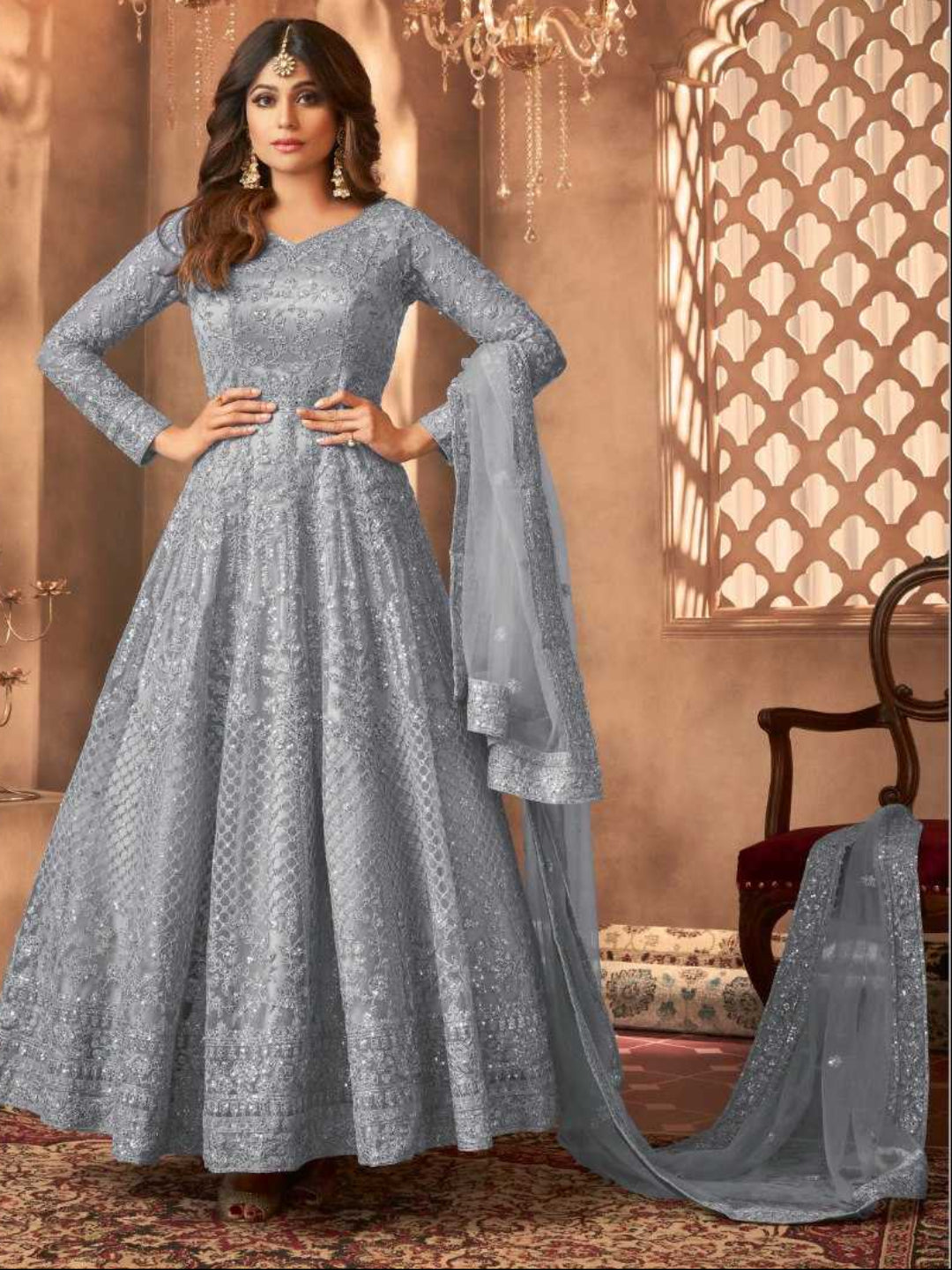 YNF Designer Net Semi-Stitched Anarkali Suit with Heavy Sequence Coding Embroidery