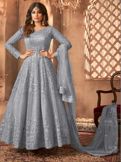 YNF Designer Net Semi-Stitched Anarkali Suit with Heavy Sequence Coding Embroidery