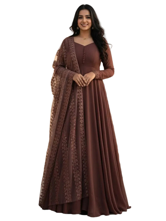 RE Soft Faux Georgette Gown with Floral Sequence Net Dupatta S-5XL