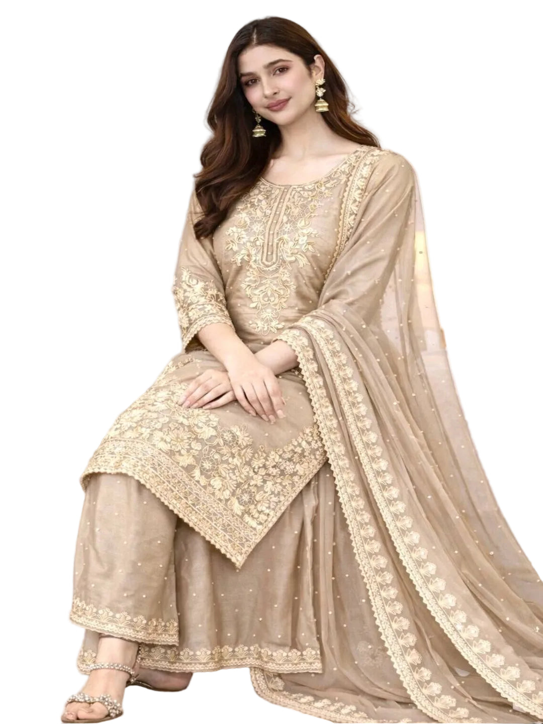 ER Designer GMY Silk 3-Piece Suit Set with Heavy Embroidery & Moti Work